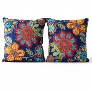 Pier 1 Imports Blue and Orange Embroidered Pillows size 16x16 square